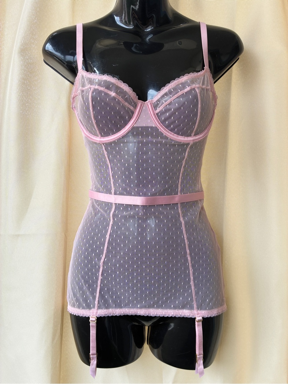 Victoria's Secret VS Dream Angels Pink Mesh Swiss Dot Merry Widow Corset XS